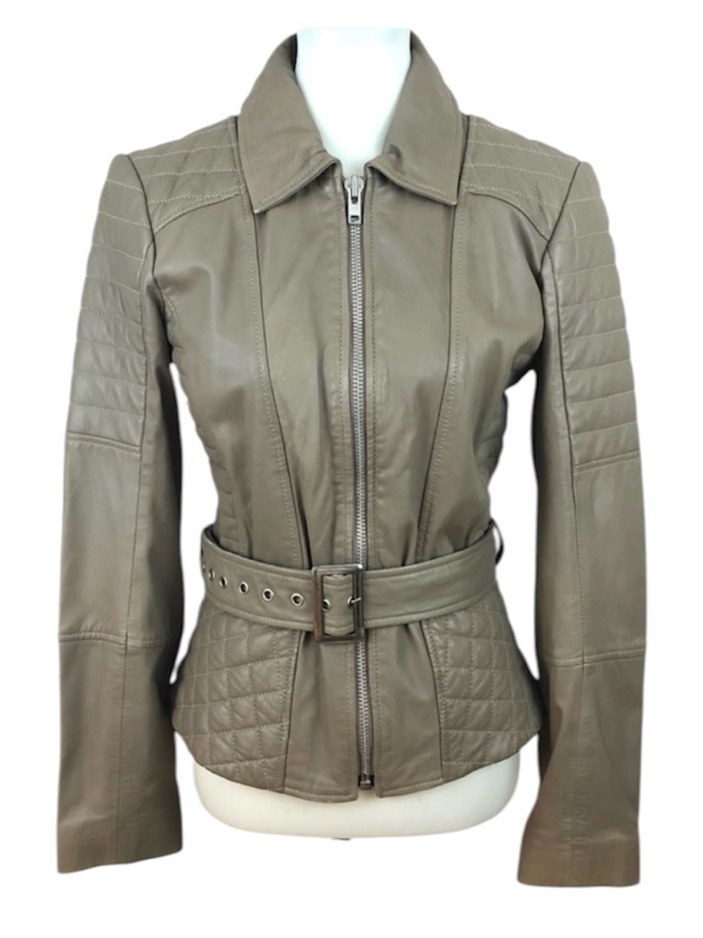 Vintage Cache Taupe Quilted Genuine Leather Beige Belted Moto Jacket
